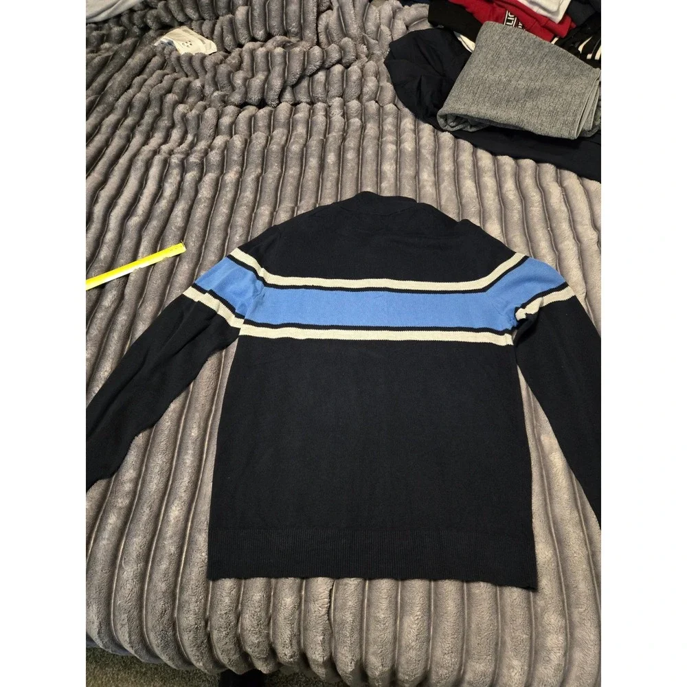 Banana Republic Mens Eco Sweater Navy Blue Striped Quarter Zip Pullover Large